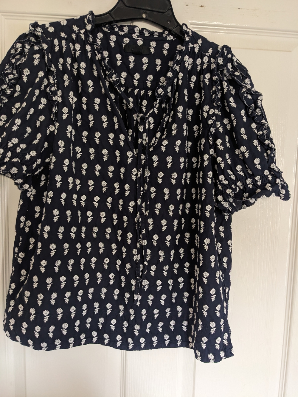 J. Crew Navy and White Floral Tie-Neck Short Sleeve Blouse